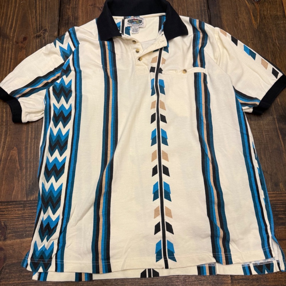 Cumberland Outfitters Mens Southwestern Polo Shirt Blue Cream Geometric 7308 L